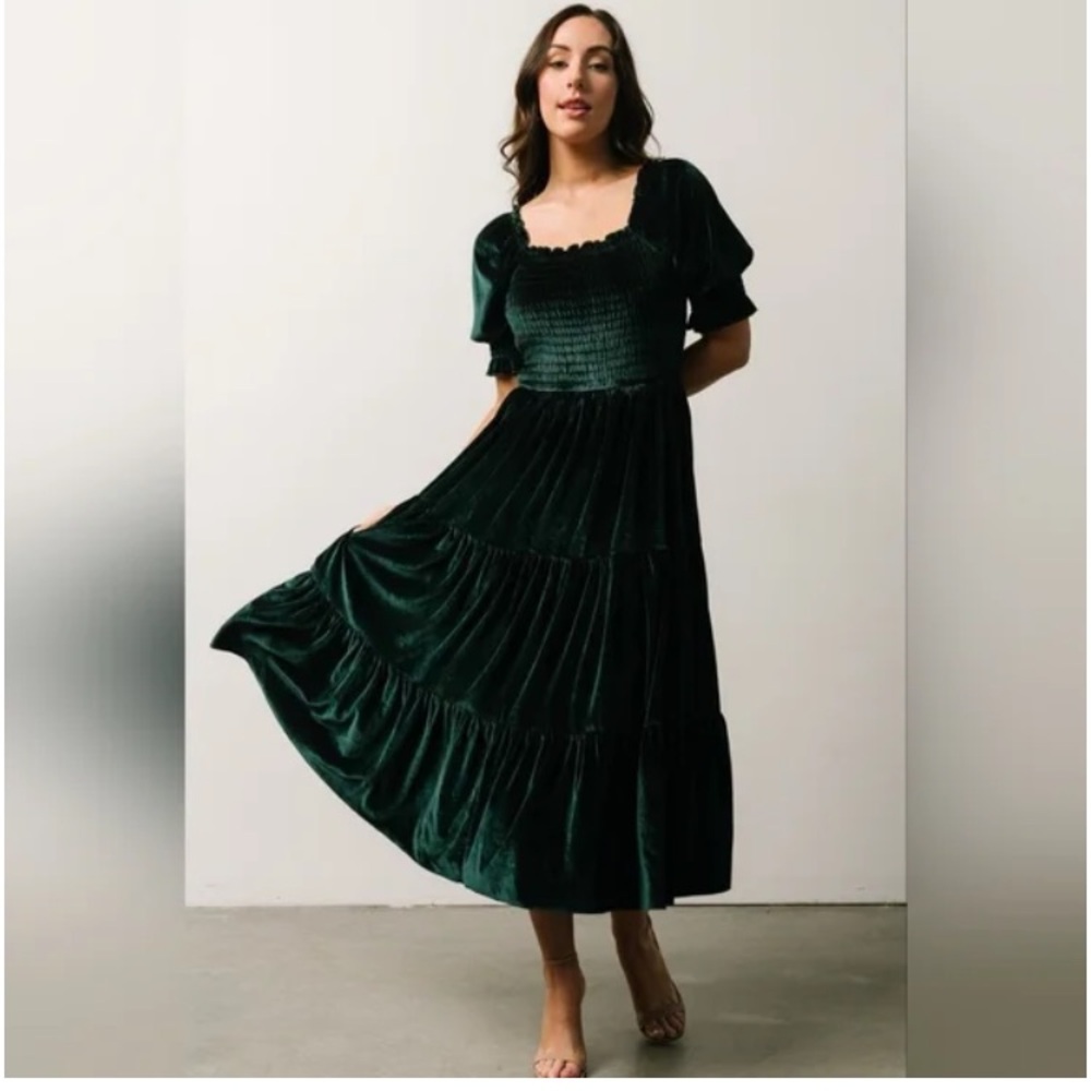 Baltic Born Vivaldi Smocked Velvet Midi Dress Green